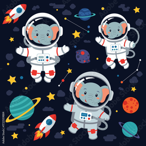 Cute elephant astronauts float in colorful outer space with planets stars and rockets