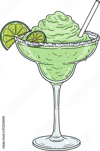 Whimsical Handdrawn Frozen Margarita Cocktail Illustration with Lime Slice Garnishes
