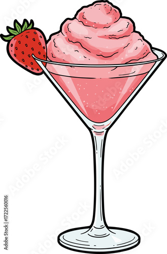 Cartoonish Outlined Strawberry Daiquiri Cocktail Dessert Glass Illustration Artwork