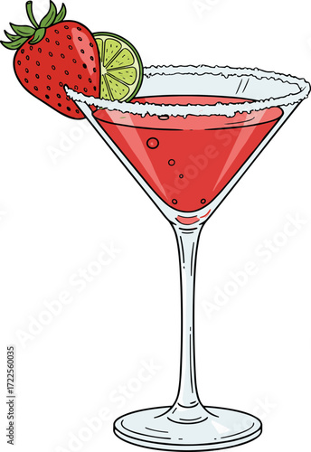 Simple Handdrawn Strawberry Lime Cocktail Glass Drink Illustration Graphic Element