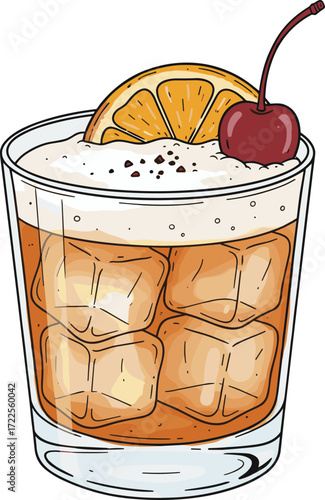 Detailed Line Art Old Fashioned Cocktail with Orange and Cherry Illustration