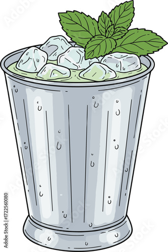 Hand Drawn Refreshing Mint Julep Cocktail with Ice Cubes Illustration Graphic