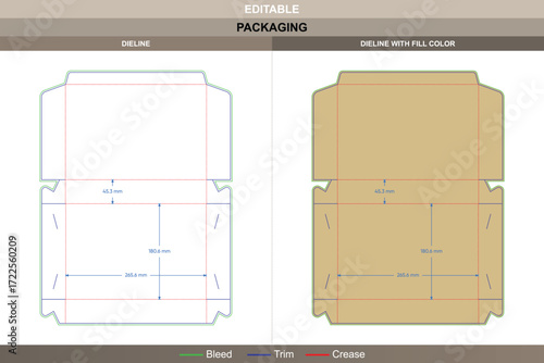 Custom folding box dieline in adjustable dimensions, editable carton packaging template with mockup design structure, branding layout options, and precise die line details