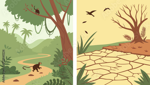 Before and After Vector of Jungle Full of Animals vs Desert Barren Land Showing Deforestation 