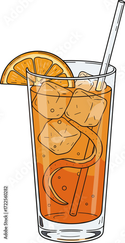 Detailed Line Art Orange Spritz Cocktail Drink with Ice Cubes Illustration