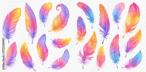 A vibrant collection of watercolor-style feathers showcasing a beautiful gradient of pink, purple, orange, and blue hues, scattered on a transparent background.