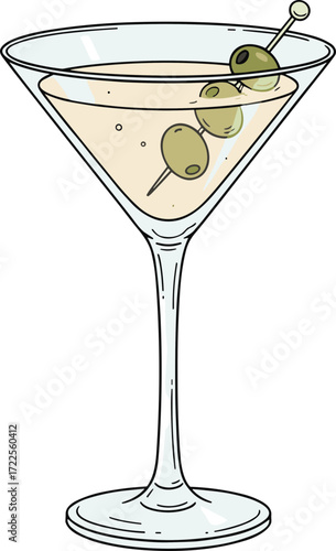 Simple Line Art Cocktail Drink with Olives in Glass Illustration
