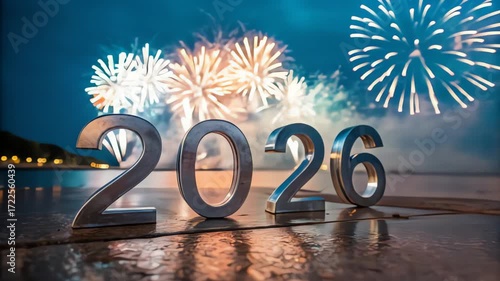 Metallic 2026 numbers stand on a reflective surface with a vibrant fireworks display in the background at night