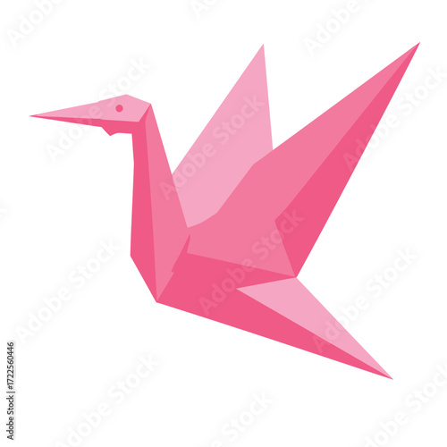 Pink origami crane bird illustration in a geometric papercraft style isolated on a white background representing hope peace and creativity