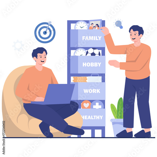 Two men interact near a shelf with life categories