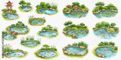 A collection of watercolor illustrations depicting various tranquil Japanese garden ponds with lush greenery, rocks, lily pads, and colorful koi fish.