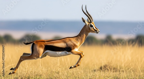 Thomsons gazelle running fast in the savannah of the masai mara in kenya