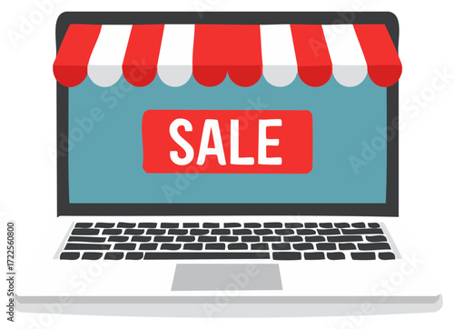 Laptop Computer Displaying Online Sale with Red and White Striped Awning for E-Commerce Concept