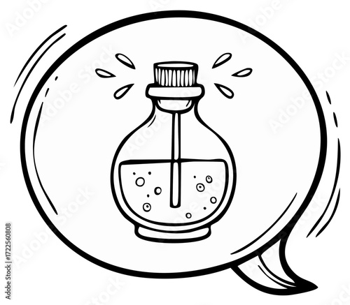 Hand drawn illustration of a bubbling potion bottle inside a speech bubble