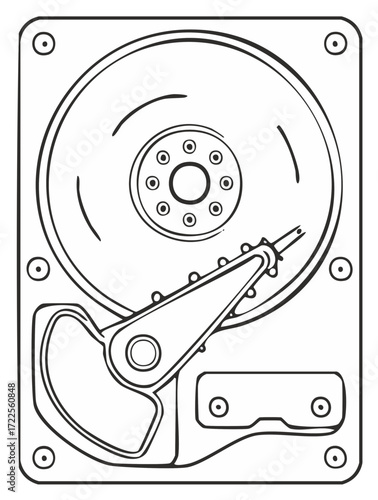 Stylized computer hard drive illustration with read head and disk platter depicted in outline view. Data storage solution.