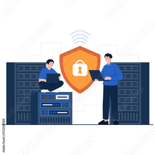 Two men work on laptops near server racks with a shield icon