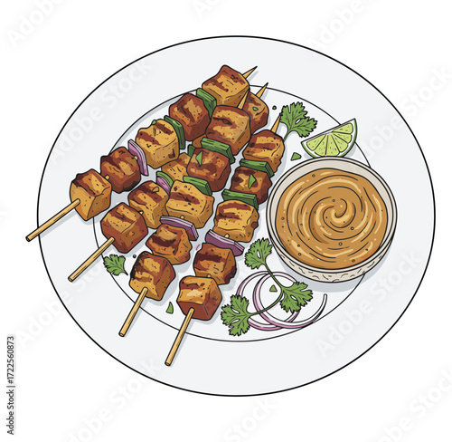 Detailed Watercolor Skewers with Peanut Sauce Dish Hand Drawn Illustration