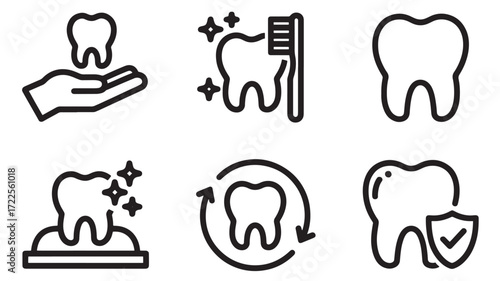 Vector art of set of six black and white icons related to dental care and tooth health