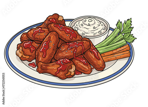 Detailed Handdrawn Chicken Wing Plate with Ranch and Vegetable Illustration