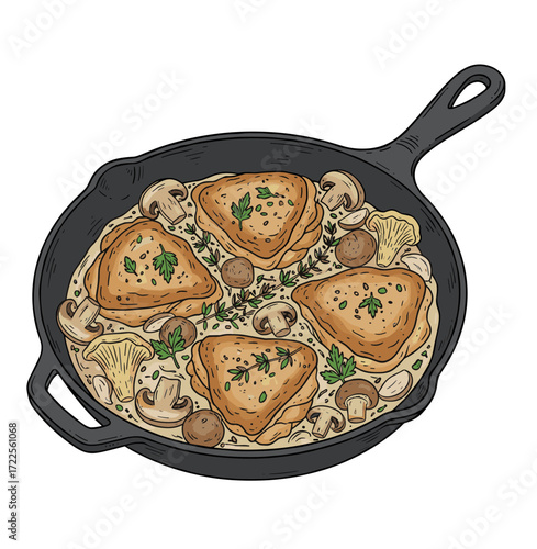 Handdrawn Detailed Skillet with Chicken in Creamy Mushroom Sauce Illustration