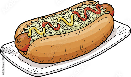 Detailed Cartoon Hotdog with Mustard and Ketchup on Plate Illustration