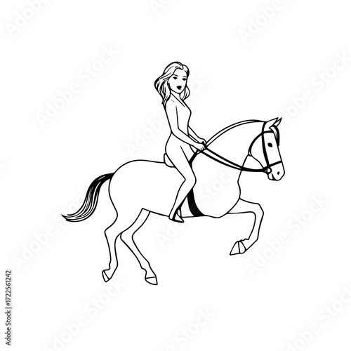 Black and white line art of a beautiful woman with perfect body riding horse elegant minimalist illustration
