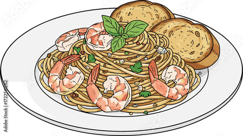 Detailed Line Art Shrimp Scampi Pasta Dish with Garlic Bread Illustration