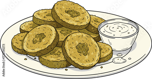 Detailed Line Art Plate of Fried Green Tomato Appetizer with Sauce