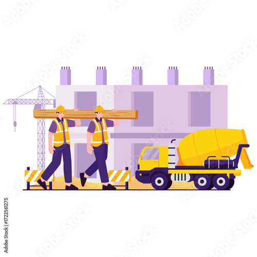 Two construction workers carry lumber past a cement truck