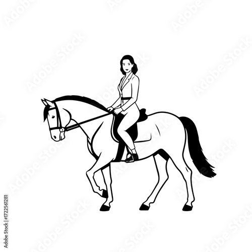 Black and white line art of a beautiful woman with perfect body riding horse elegant minimalist illustration
