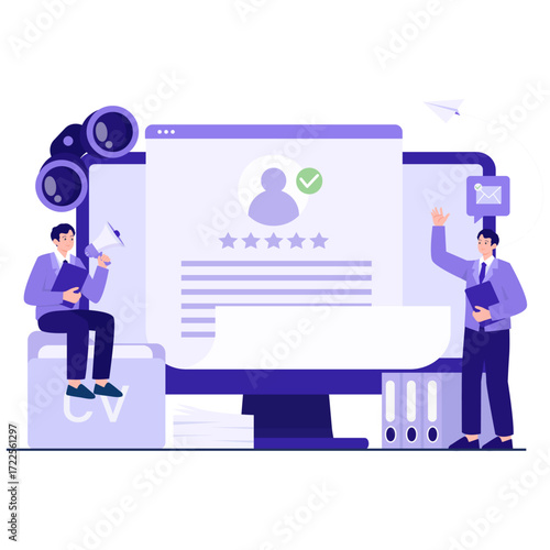 Two men a computer and binoculars illustrate recruitment