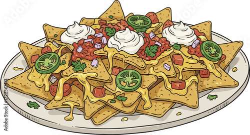 Handdrawn Delicious Nachos with Cheese Sauce and Toppings Illustration