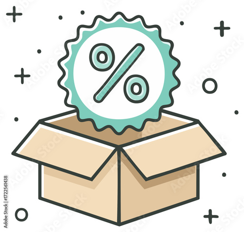 Discount inside cardboard box with percentage sign in sale badge promotion concept illustration
