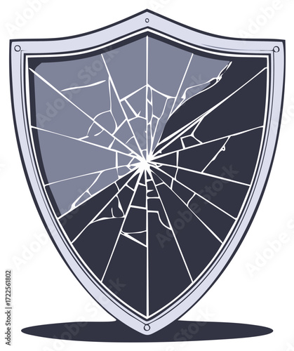 Broken shield symbol with shattered glass effect representing vulnerability and protection failure