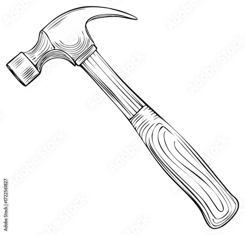 Detailed illustration of a claw hammer, construction and repair tool