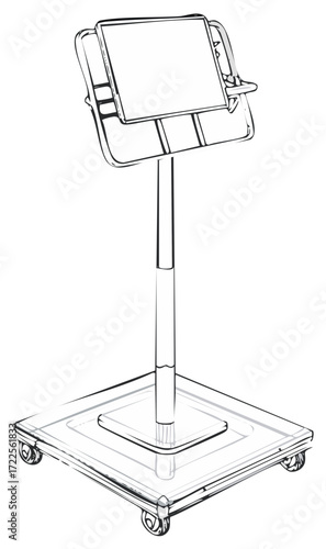 Technical line drawing of a mobile adjustable display stand with screen holder and wheels