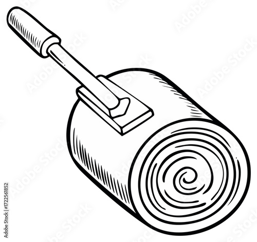 Hand roller applying pressure to a long rolled material black and white line art