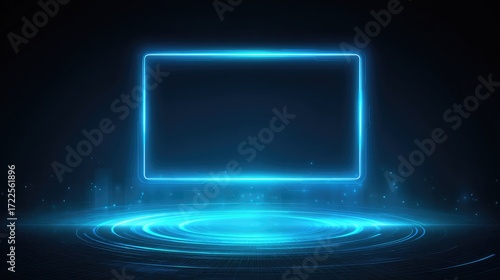 Digital rectangular frame with glowing blue edges and holographic elements on dark background creating futuristic virtual screen display for modern technology business presentations.
