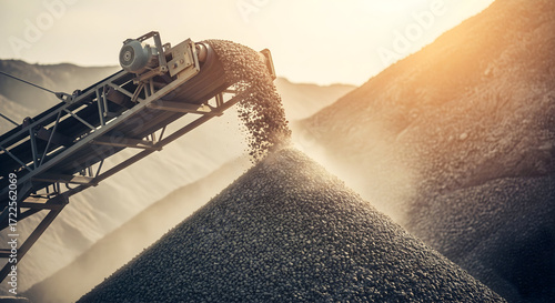 Gravel moving on conveyor belt for construction or mining operations