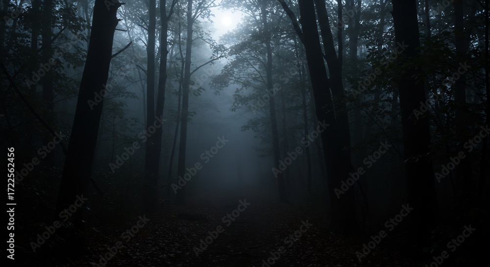 Naklejka premium Fogshrouded forest path dark trees frame a misty clearing