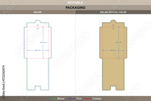Envelope dieline with hanging hole in custom dimensions, editable folding carton stationery template with printable design layout and professional cut die line placement