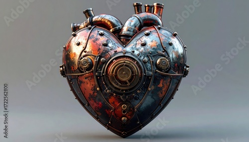 Steampunk heart, metallic, ornate, intricate machinery, heart shape, industrial design