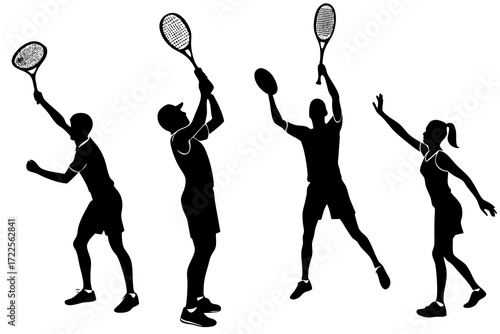 set of Tennis player serving silhouette illustration 