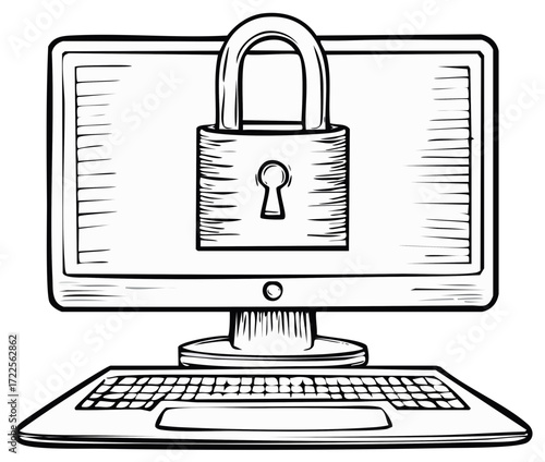 Hand drawn illustration of a computer monitor and keyboard secured by a padlock