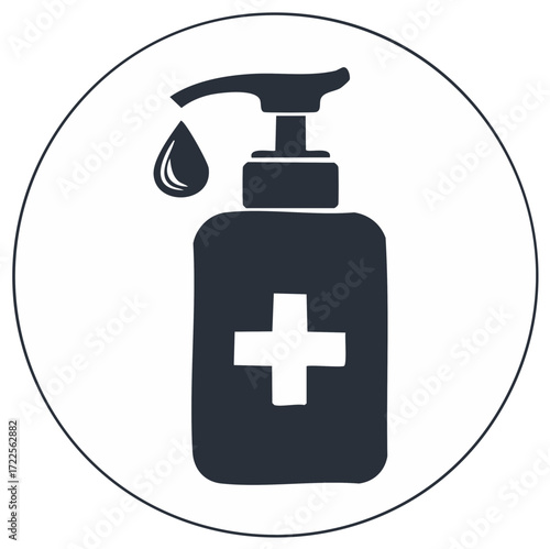Hand sanitizer bottle illustration in round frame promoting hygiene and health safety during a pandemic
