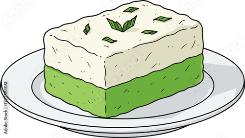 Hand Drawn Style Two Layered Pandan Cake with Mint Leaves Dessert