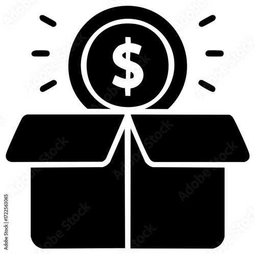 Glowing dollar coin icon emerging from an open cardboard box, symbolizing financial gift, bonus, or unexpected value