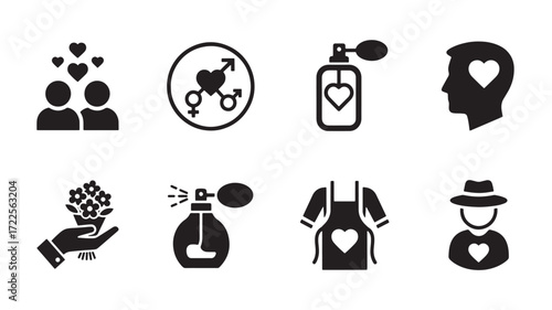 Vector art of collection of black and white icons related to love, romance, and relationships, isolated on white