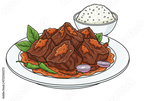 Hand Drawn Illustration of Indonesian Tofu Stew Dish with Rice Bowl
