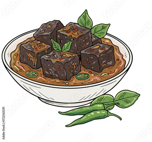 Handdrawn Delicious Indonesian Dish Rawon Black Beef Soup Illustration